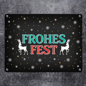 Frohes Fest Metallschild mit Rentier und Sterne Motiv