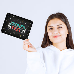 Frohes Fest Metallschild mit Rentier und Sterne Motiv