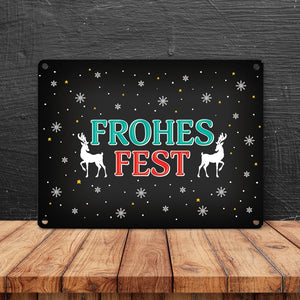 Frohes Fest Metallschild mit Rentier und Sterne Motiv