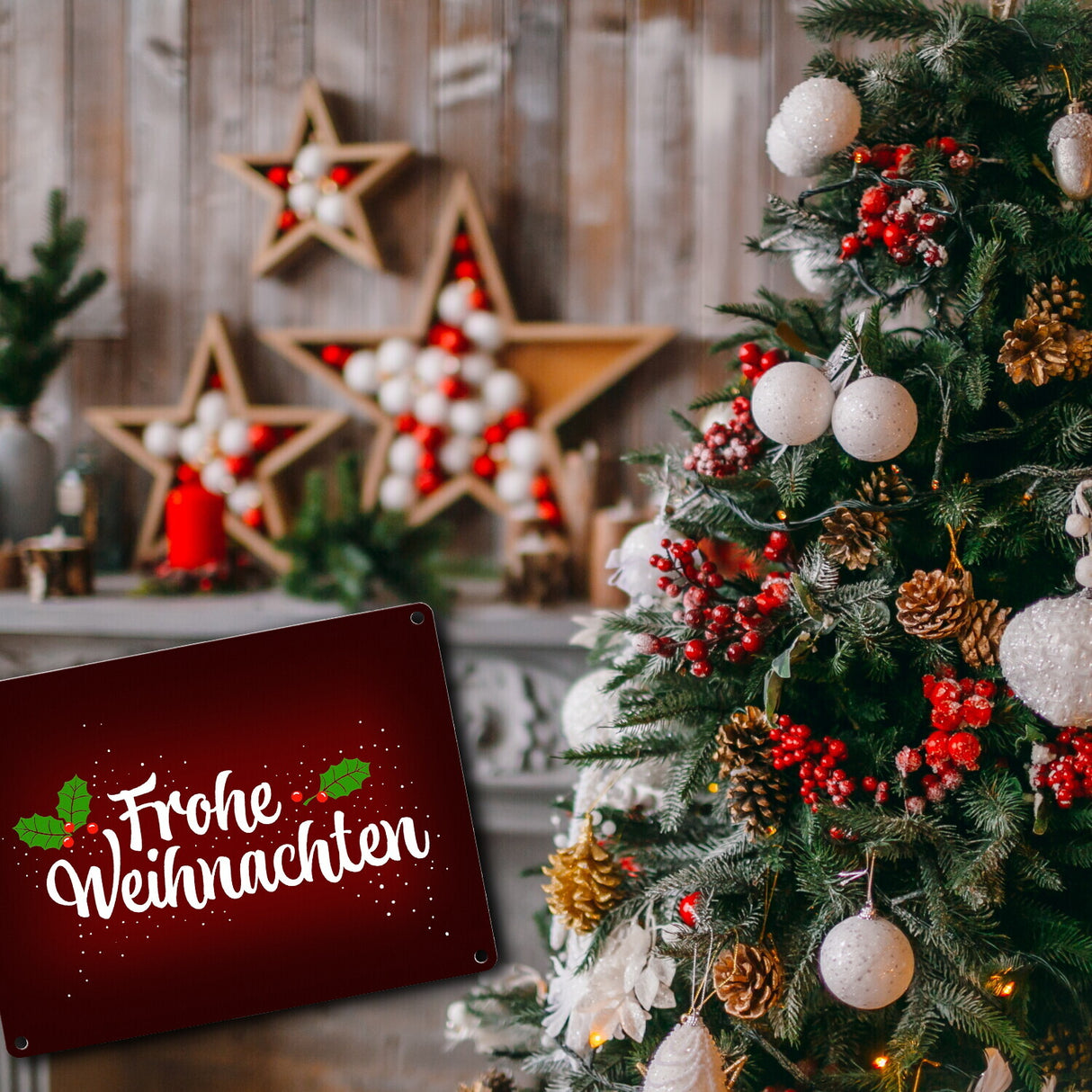 Frohe Weihnachten Metallschild mit Beeren und Blätter Motiv