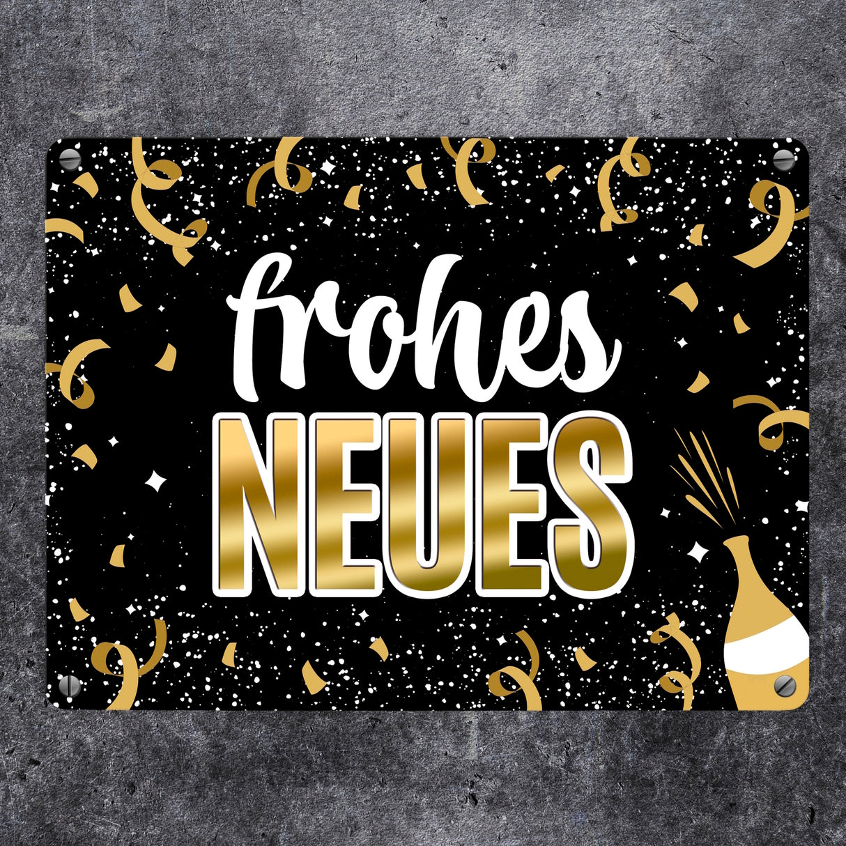 Silvester Metallschild mit Spruch - Silvester Rakete Böller Konfetti Sekt Sterne Year neu happy