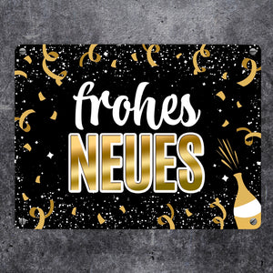 Silvester Metallschild mit Spruch - Silvester Rakete Böller Konfetti Sekt Sterne Year neu happy