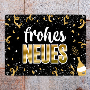 Silvester Metallschild mit Spruch - Silvester Rakete Böller Konfetti Sekt Sterne Year neu happy