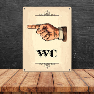 Vintage WC Richtungs Schild mit Hand nach links in beige