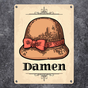 Vintage Damen WC Schild mit Damenhut in beige