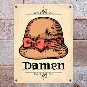 Vintage Damen WC Schild mit Damenhut in beige