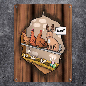 Ostern-Cartoon Metallschild mit Hühnerstall-Szene