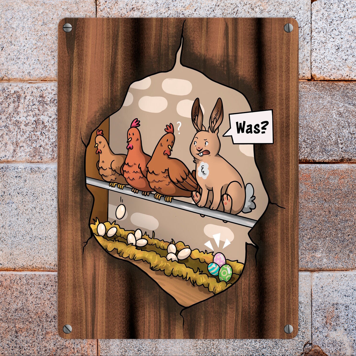Ostern-Cartoon Metallschild mit Hühnerstall-Szene