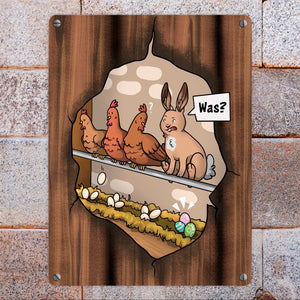 Ostern-Cartoon Metallschild mit Hühnerstall-Szene