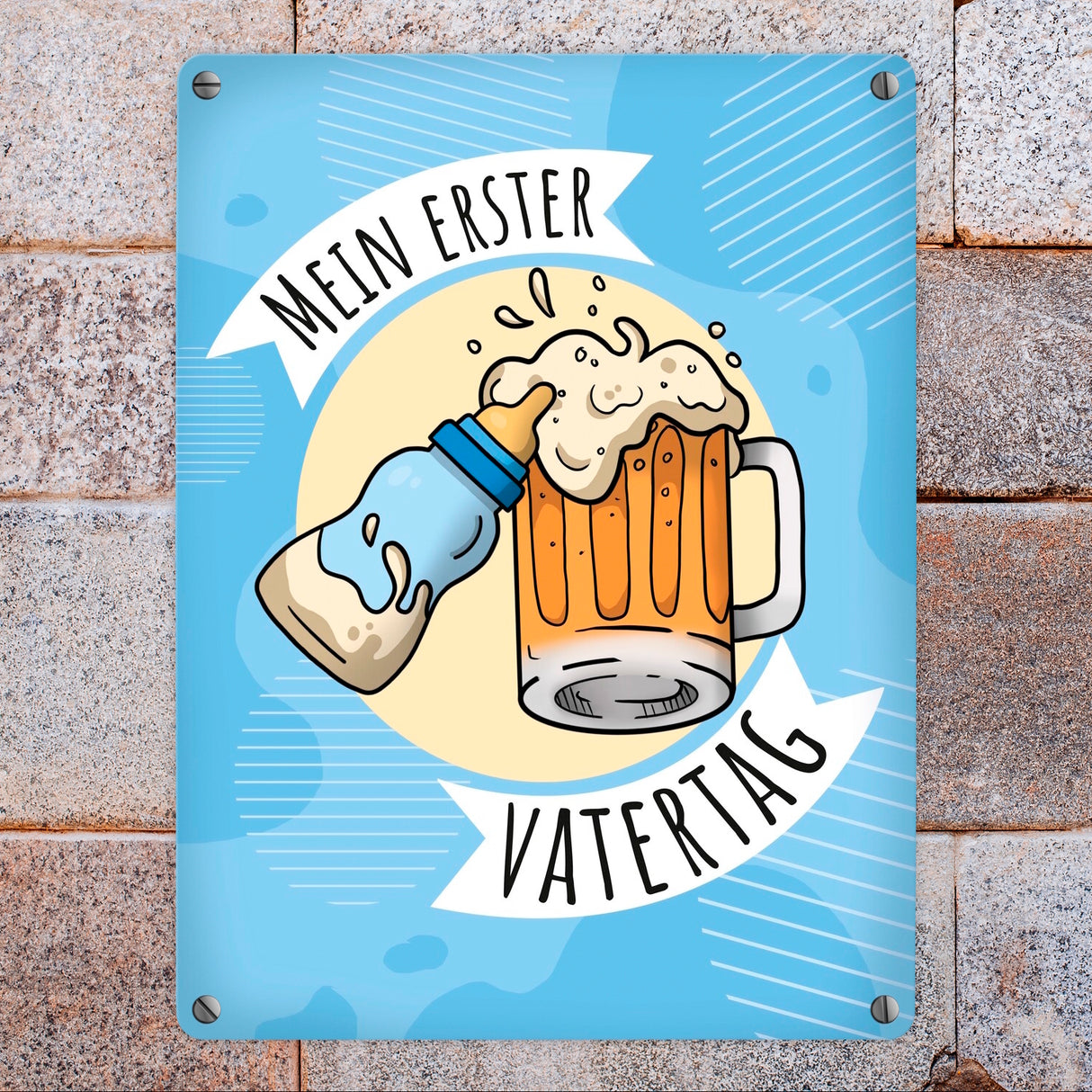 Mein erster Vatertag Metallschild mit Bier und Babyflasche Motiv
