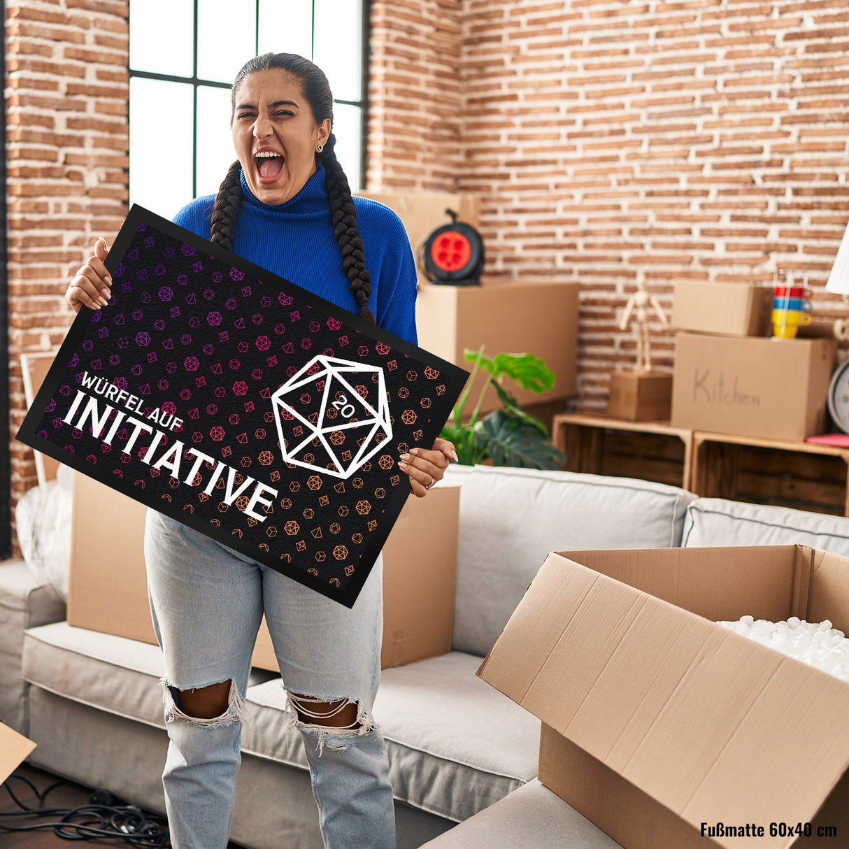 Tabletop Fußmatte mit Würfelmuster und Spruch: Würfel auf Initiative