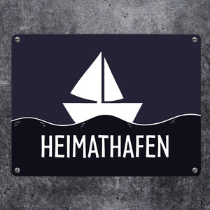 Heimathafen Metallschild mit Schiff und Meeresmotiv