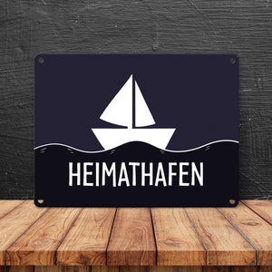 Heimathafen Metallschild mit Schiff und Meeresmotiv