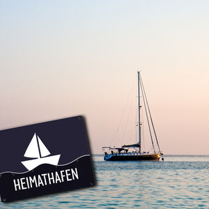 Heimathafen Metallschild mit Schiff und Meeresmotiv