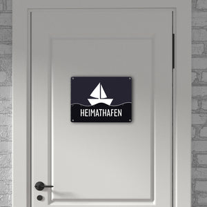 Heimathafen Metallschild mit Schiff und Meeresmotiv
