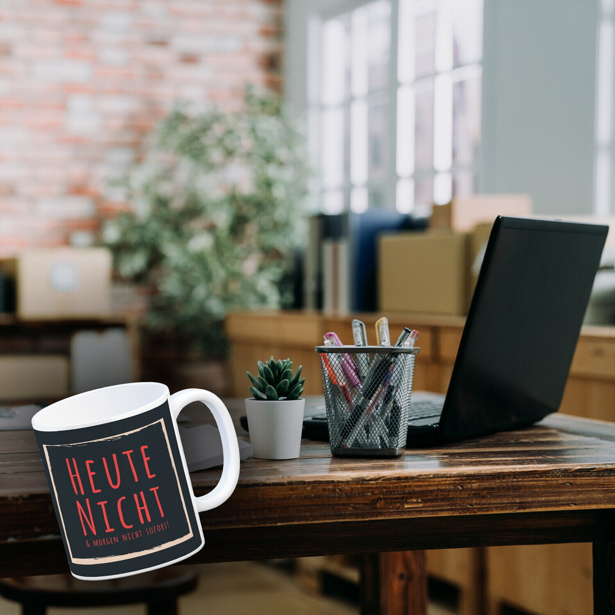 Kaffeebecher mit Spruch: Heute nicht & morgen nicht sofort! Spruchtasse fürs Büro