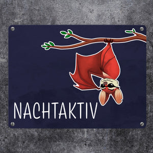 Nachtaktiv Metallschild mit lustiger Fledermaus