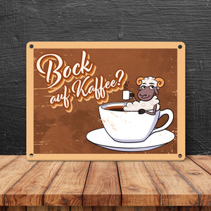 Bock auf Kaffee, Metallschild mit lustigem Schafsbock