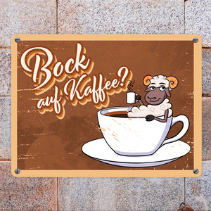 Bock auf Kaffee, Metallschild mit lustigem Schafsbock