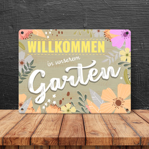 Willkommen in unserem Garten Metallschild mit Blumenmustern