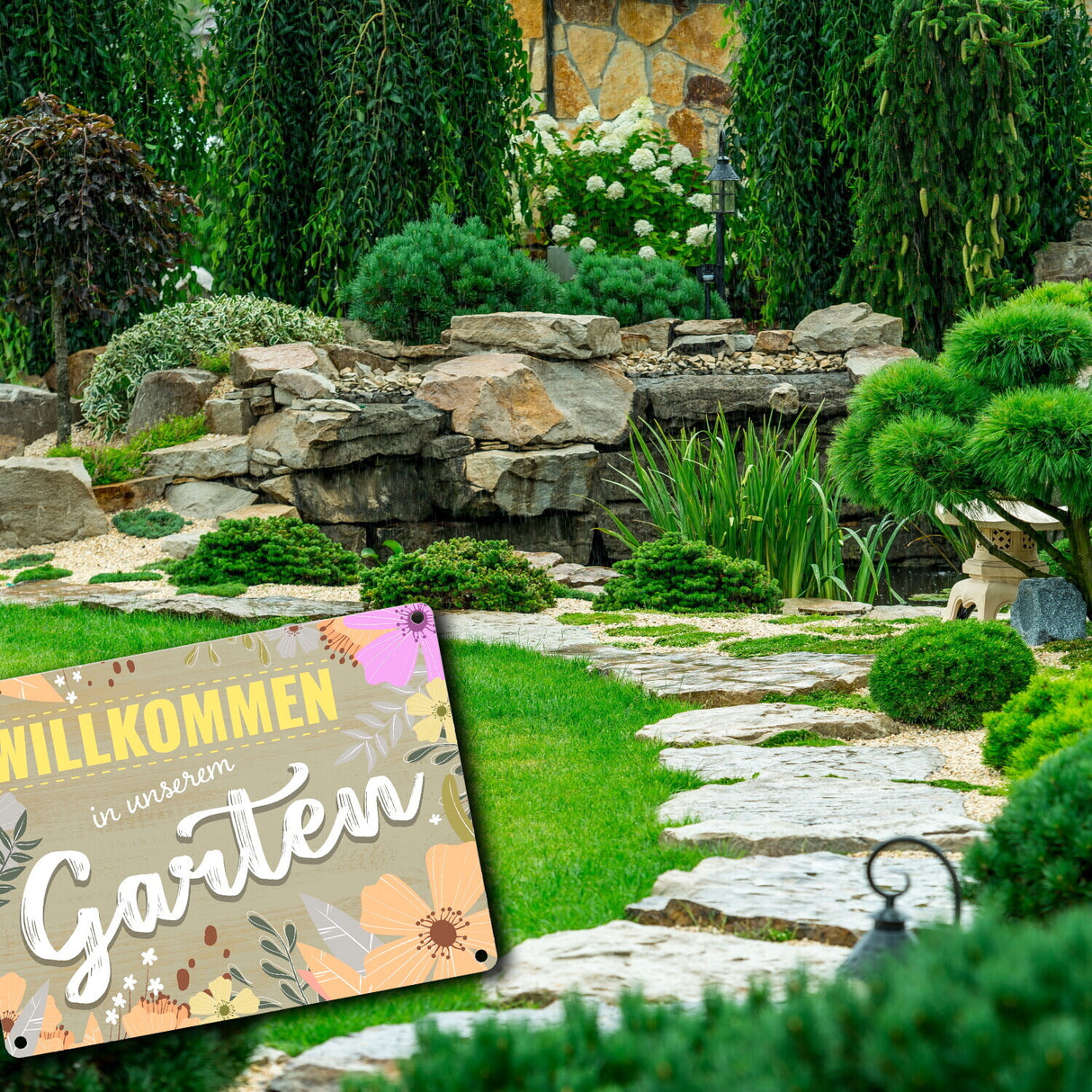 Willkommen in unserem Garten Metallschild mit Blumenmustern