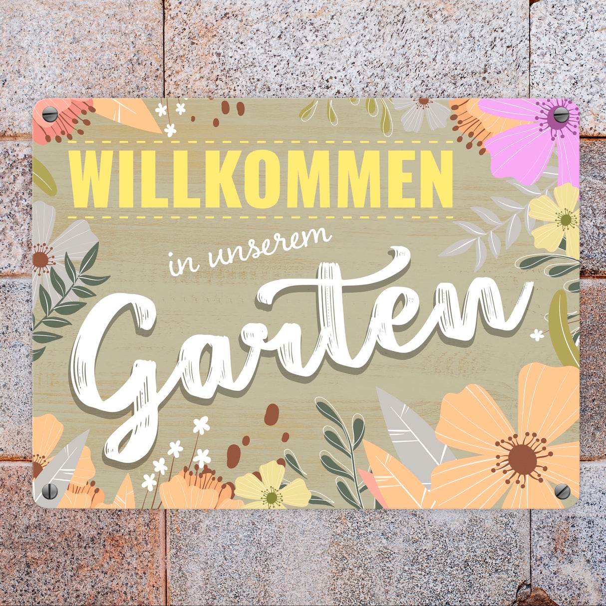 Willkommen in unserem Garten Metallschild mit Blumenmustern