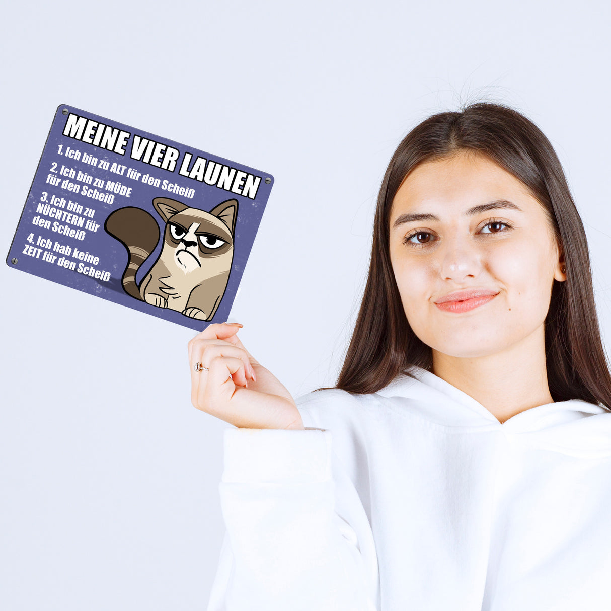 Meine vier Launen Metallschild mit der lustigen grummeligen Katze