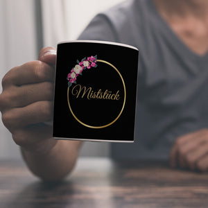 Kaffeebecher Miststück mit Goldrahmen und Blumen Schimpfwort-Tasse