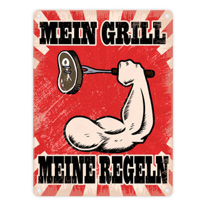 Mein Grill Meine Regeln Metallschild mit starkem Arm Motiv