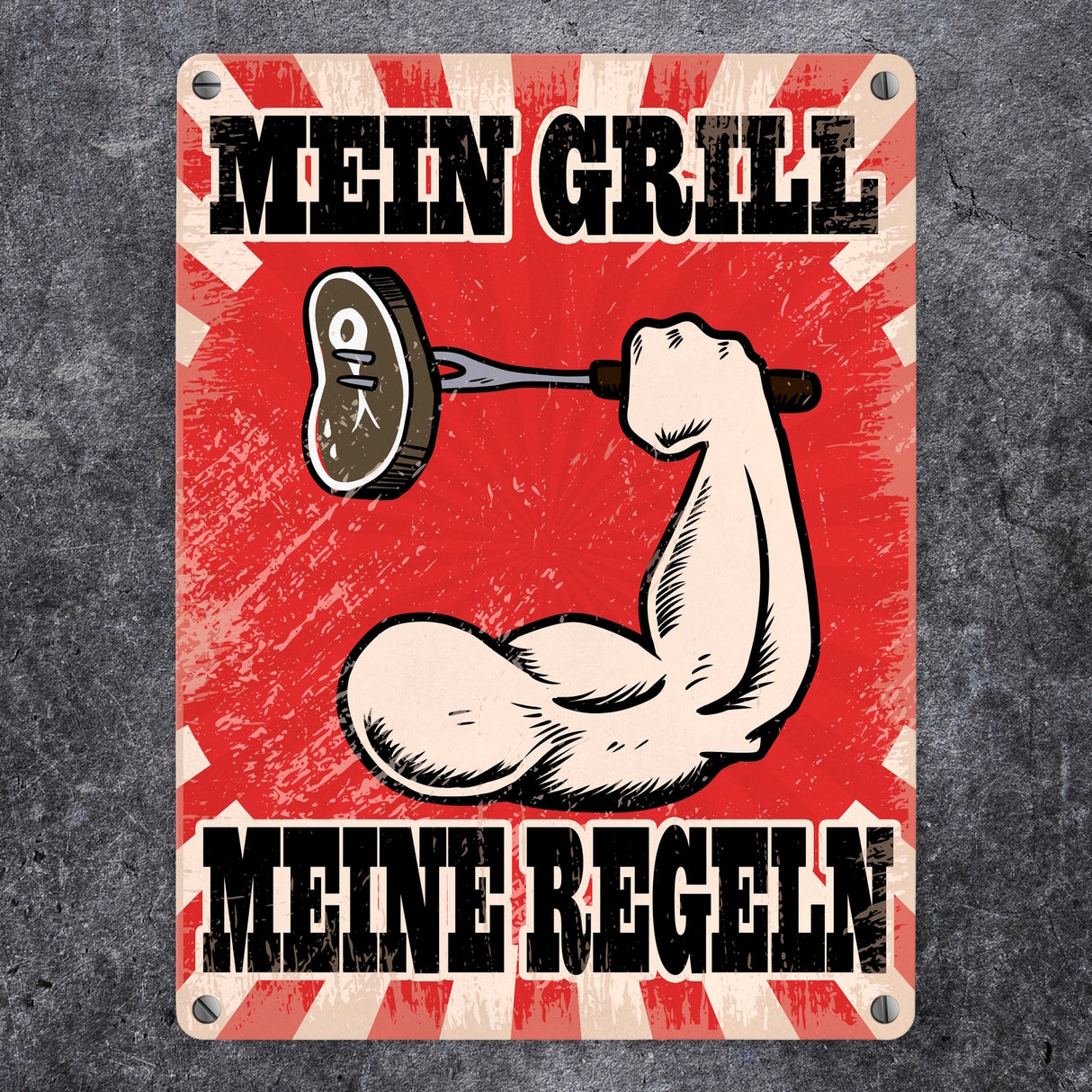 Mein Grill Meine Regeln Metallschild mit starkem Arm Motiv