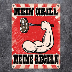 Mein Grill Meine Regeln Metallschild mit starkem Arm Motiv