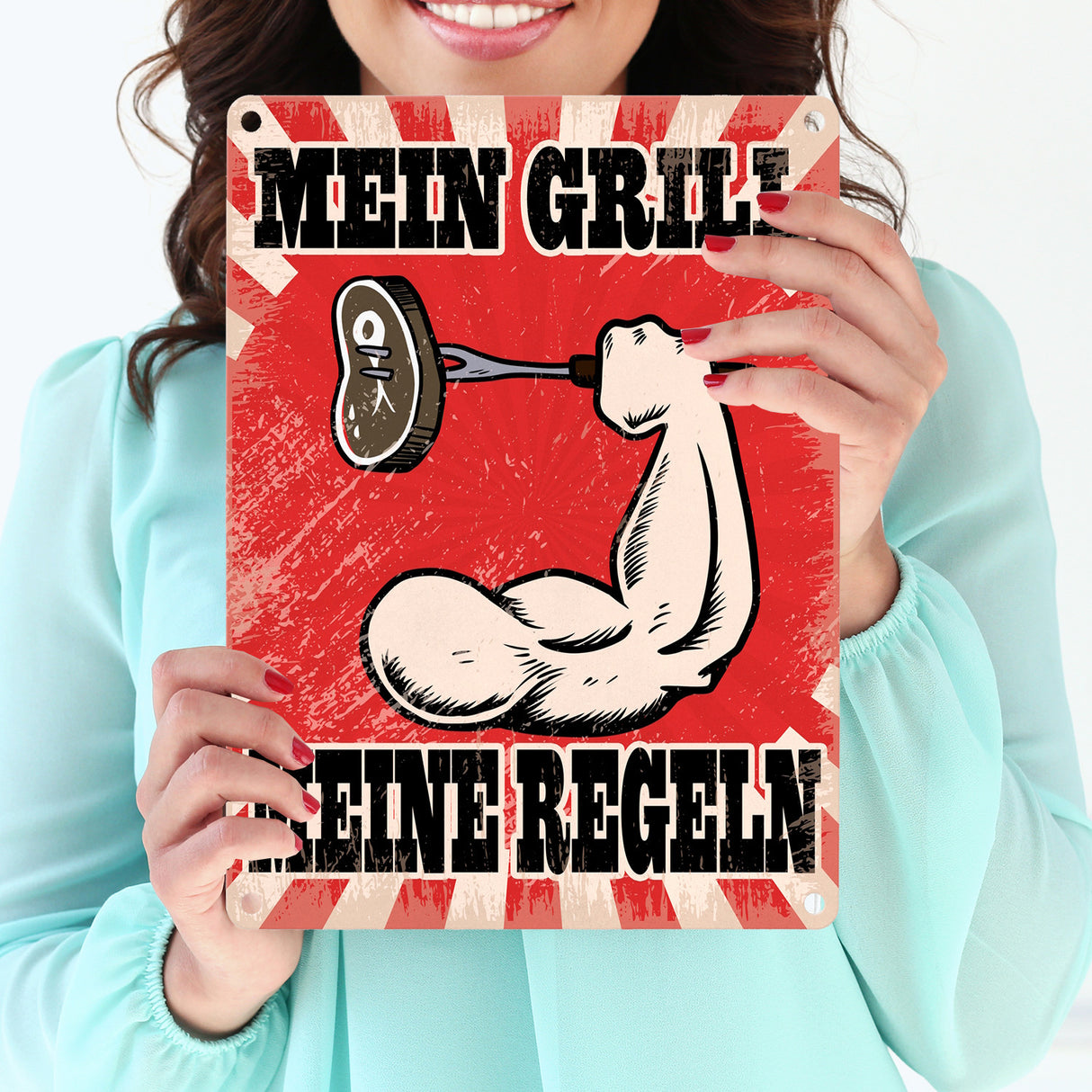 Mein Grill Meine Regeln Metallschild mit starkem Arm Motiv