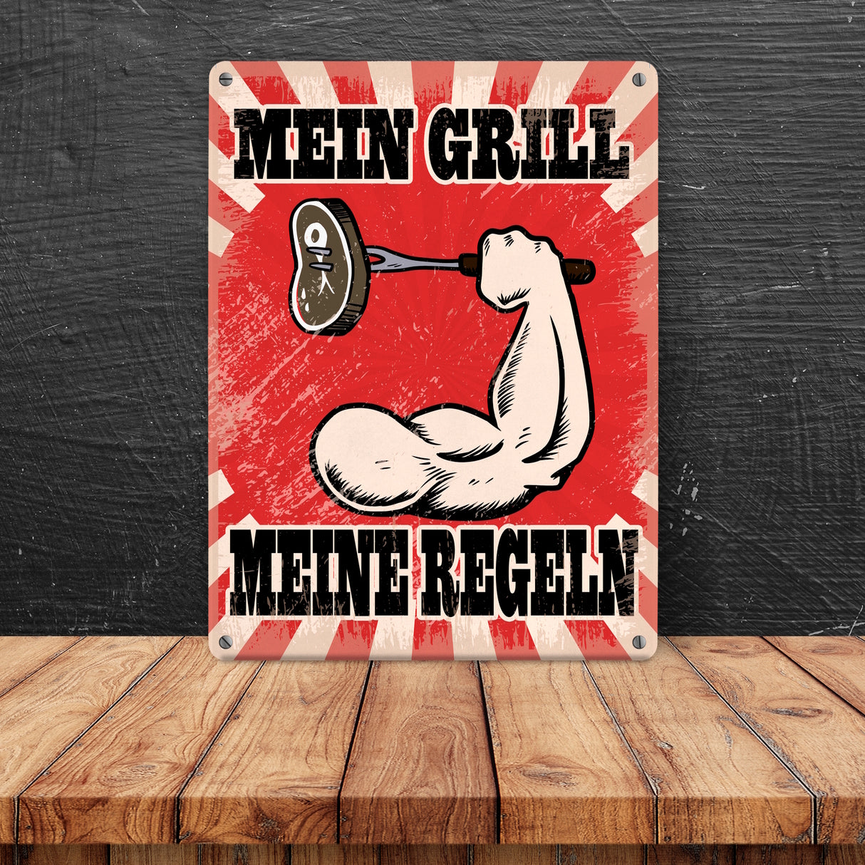 Mein Grill Meine Regeln Metallschild mit starkem Arm Motiv