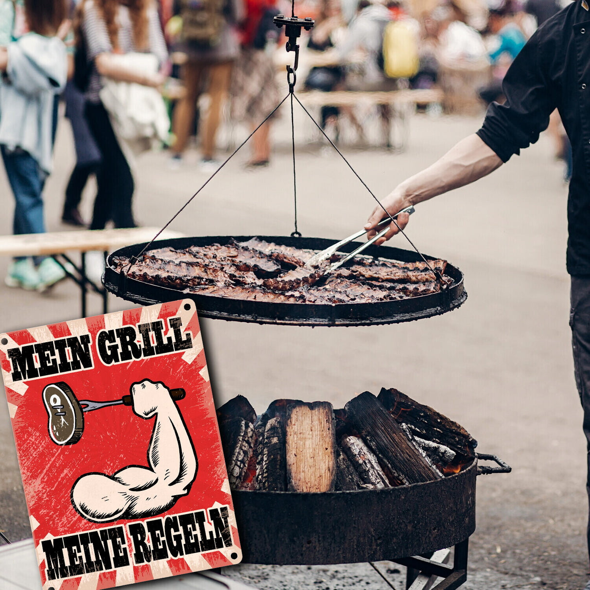 Mein Grill Meine Regeln Metallschild mit starkem Arm Motiv
