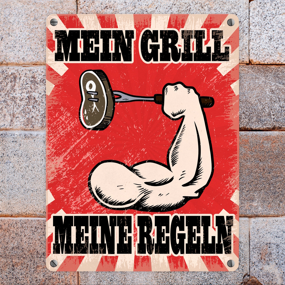 Mein Grill Meine Regeln Metallschild mit starkem Arm Motiv