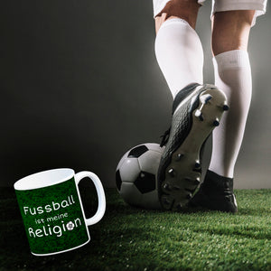 Fussball ist meine Religion Kaffeebecher mit Fussballmotiv
