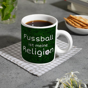 Fussball ist meine Religion Kaffeebecher mit Fussballmotiv