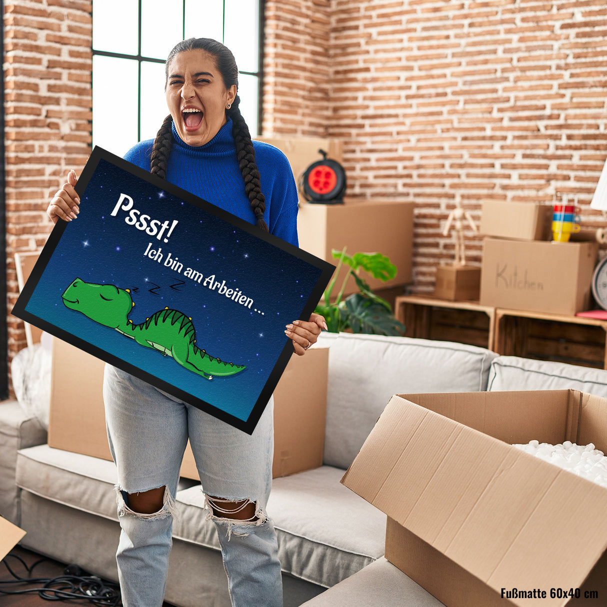 T-Rex Fußmatte in 35x50 cm mit Spruch Pssst! Bin am arbeiten und schlafendem Dino