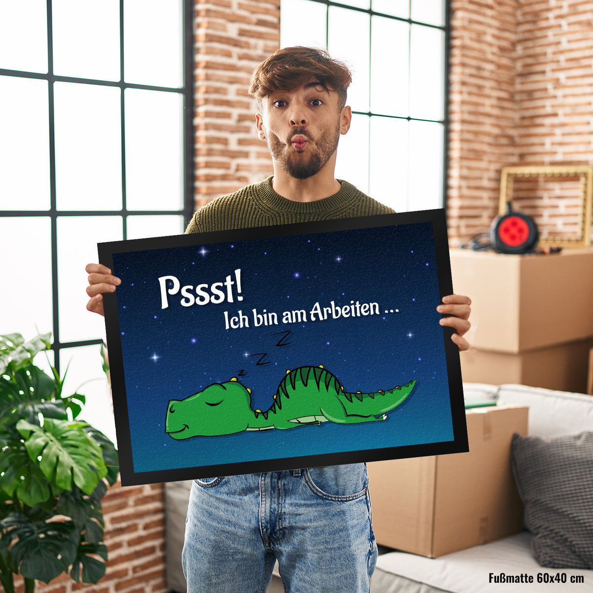 T-Rex Fußmatte in 35x50 cm mit Spruch Pssst! Bin am arbeiten und schlafendem Dino