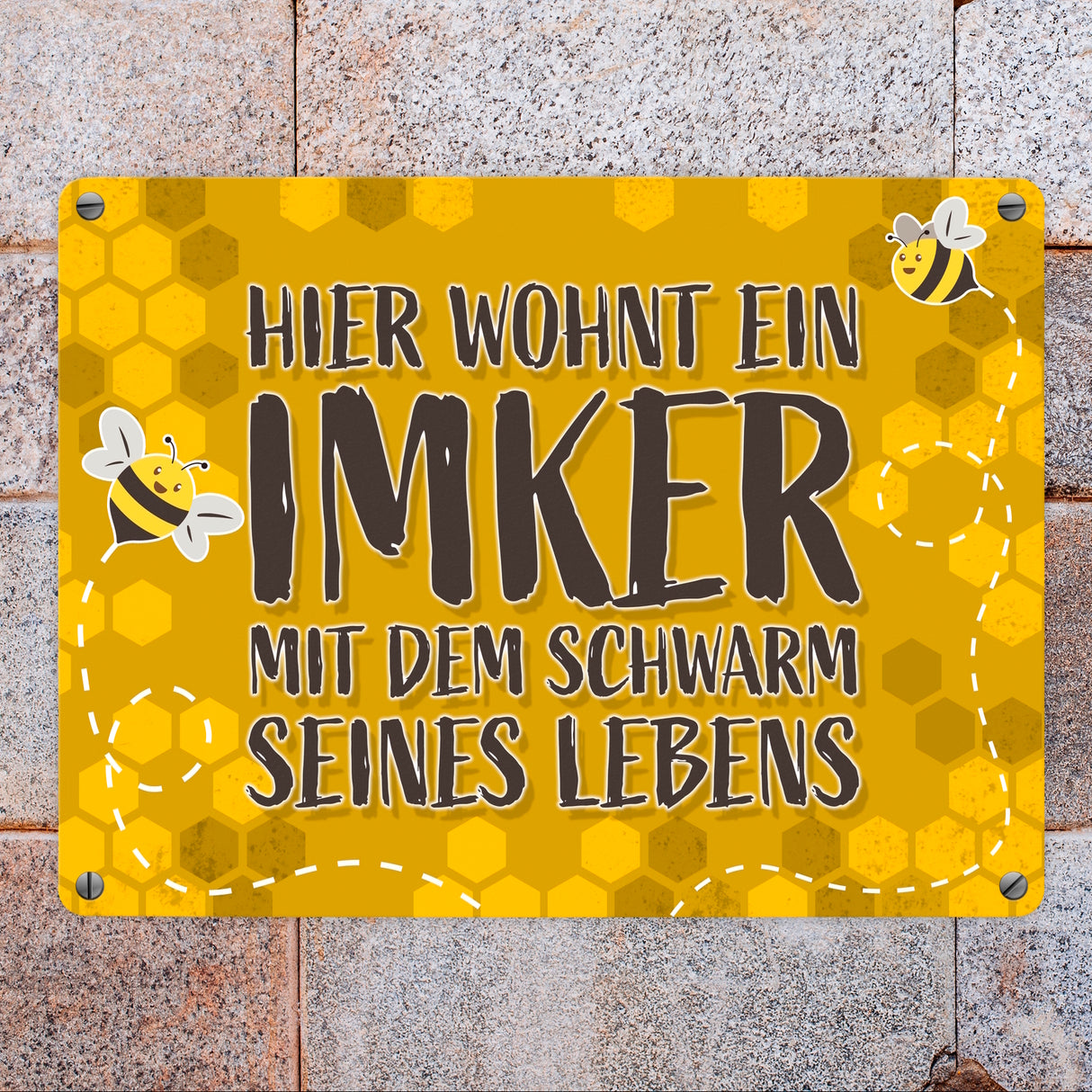 Hier wohnt ein Imker mit dem Schwarm seines Lebens - Metallschild mit Honigwabenmotiv und süßen Bienchen