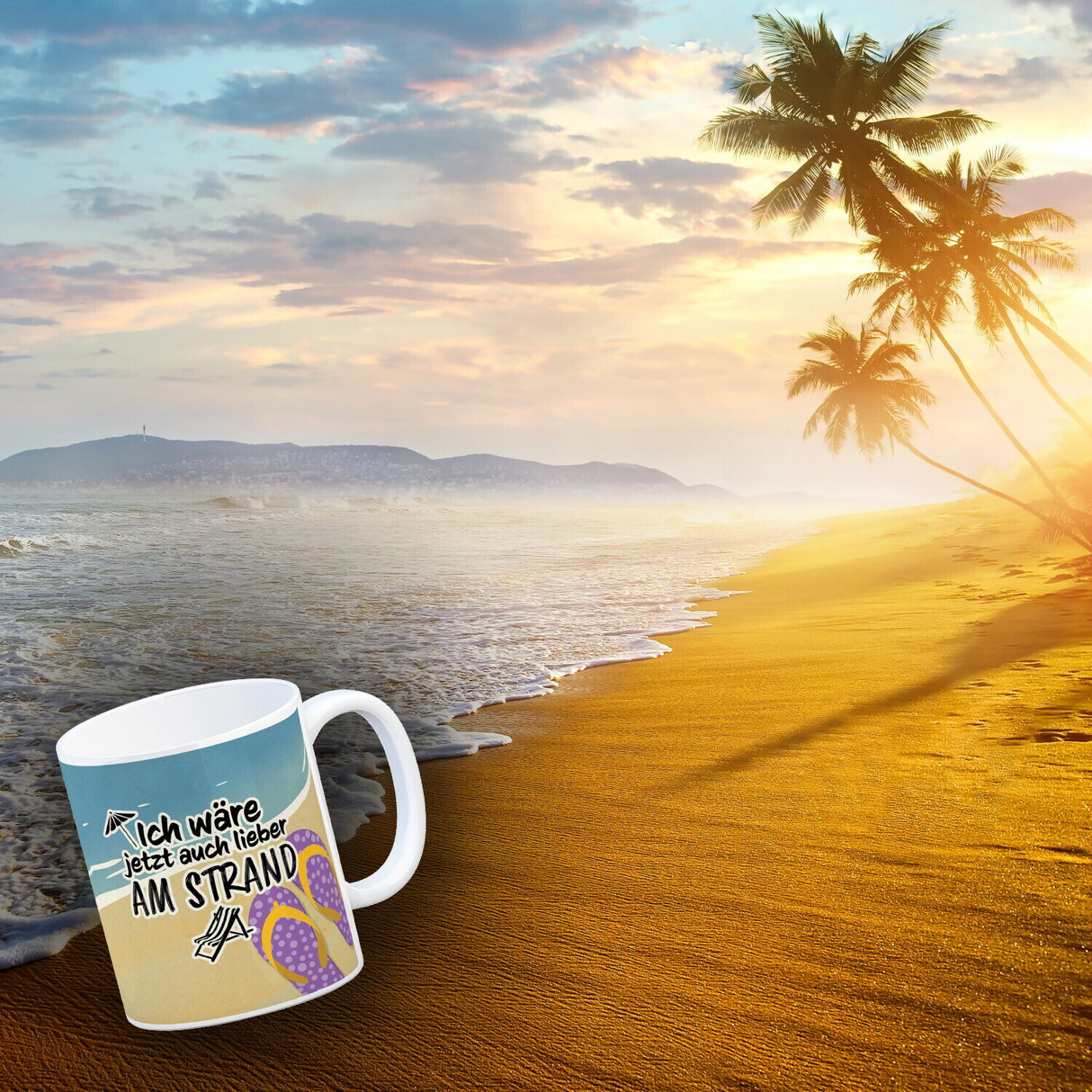 Ich wäre jetzt auch lieber am Strand - Kaffeebecher mit Strandmotiv