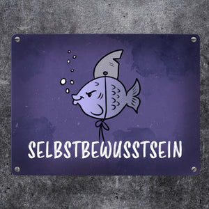 Selbstbewusstsein - Metallschild mit dem gewitzten Fisch mit Haifischflosse