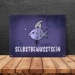 Selbstbewusstsein - Metallschild mit dem gewitzten Fisch mit Haifischflosse