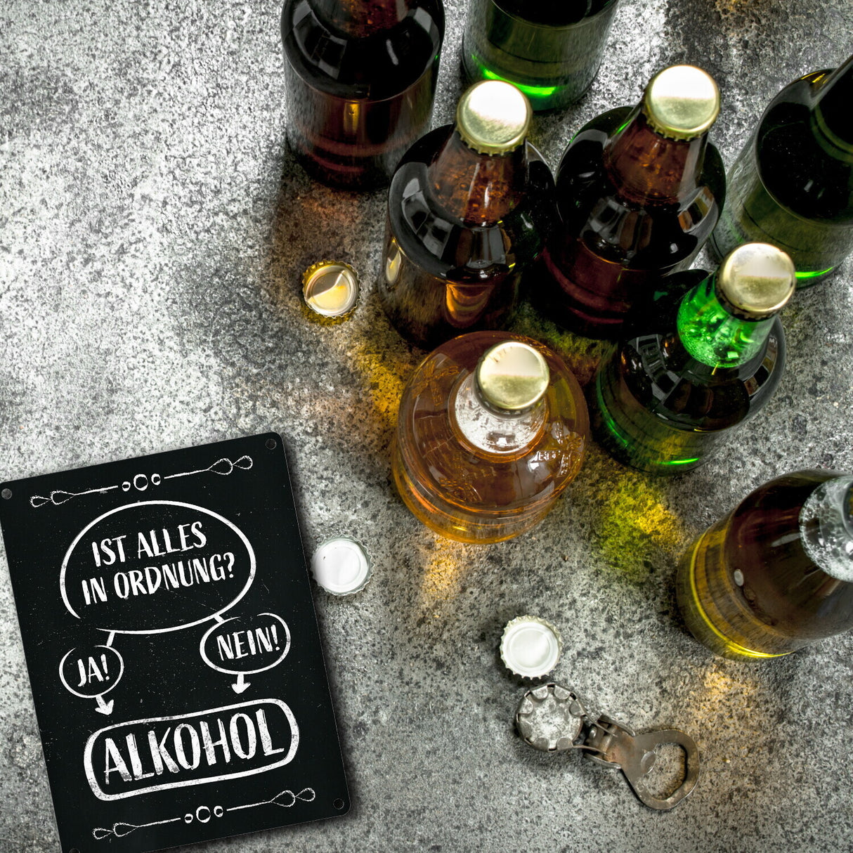 Alles in Ordnung? Ja oder Nein - Alkohol! - lustiges Metallschild mit Entscheidungsfrage