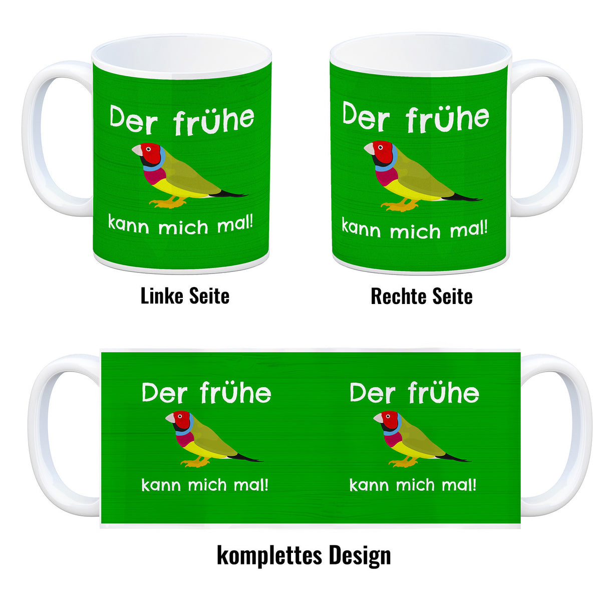 Kaffeebecher mit Bild und Spruch Der frühe Vogel kann mich mal!