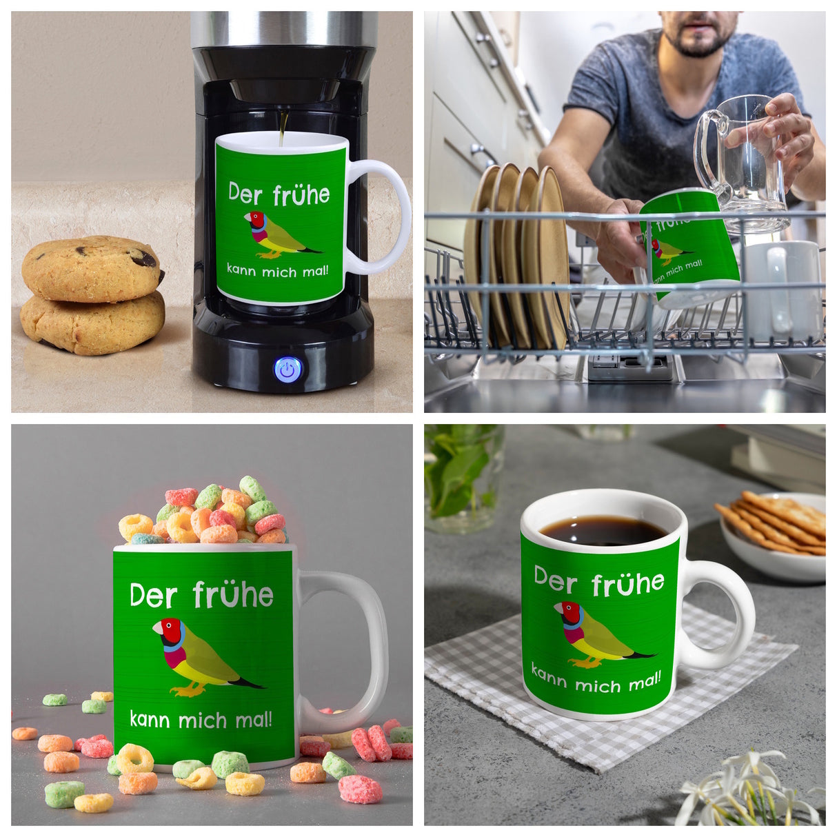 Kaffeebecher mit Bild und Spruch Der frühe Vogel kann mich mal!