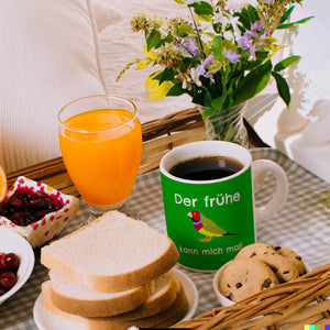 Kaffeebecher mit Bild und Spruch Der frühe Vogel kann mich mal!