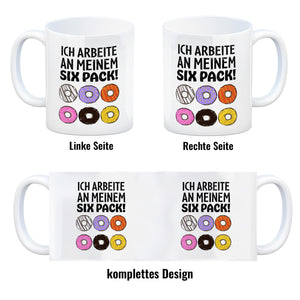 Ich arbeite an meinem Six Pack Kaffeebecher mit bunten Donuts