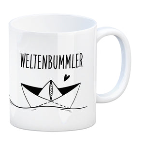 Weltenbummler Kaffeebecher mit schönem Papierschiff Motiv