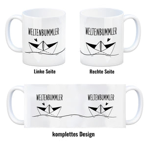 Weltenbummler Kaffeebecher mit schönem Papierschiff Motiv